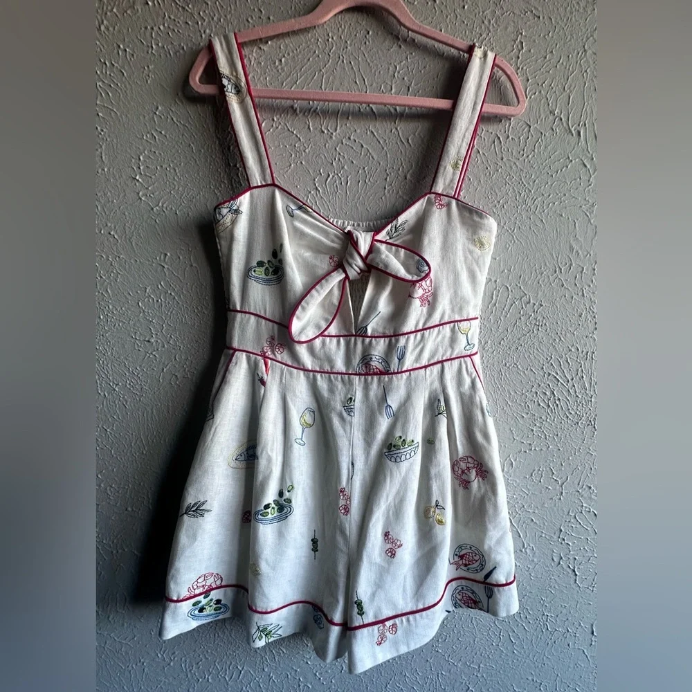 Caroline Constas Embroidered Linen Romper - Mediterranean Food Print - Size M. - Picture 3 of 17